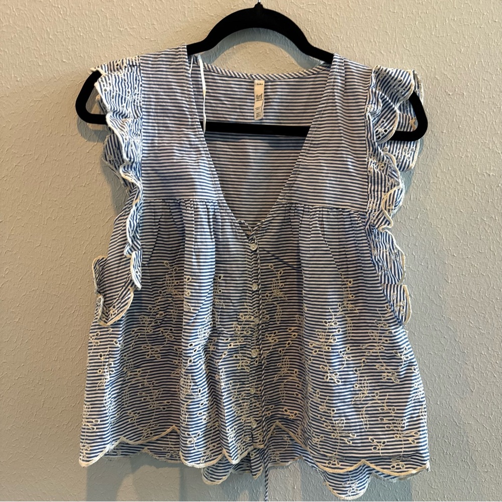 Zara Blue and White Striped Blouse with Ruffle Sleeves